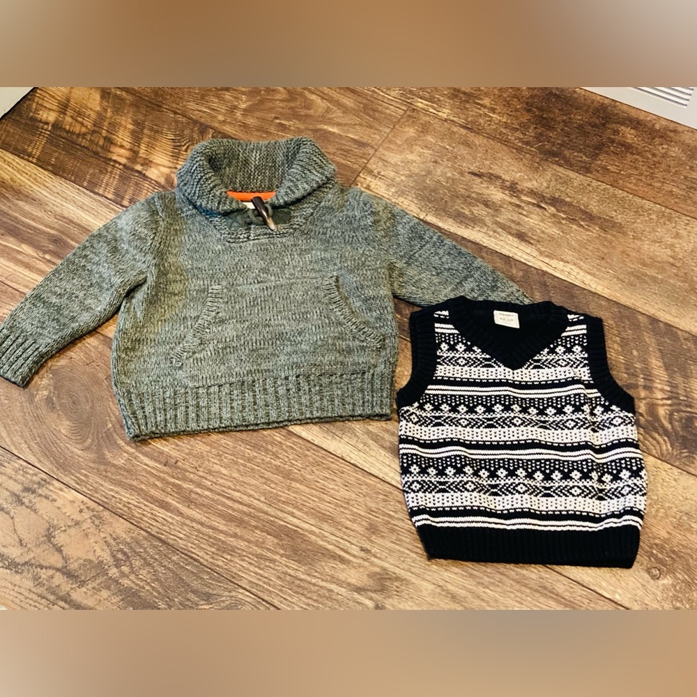 Old Navy green cowl neck sweater and black & white vest. Boys sz 12-18m